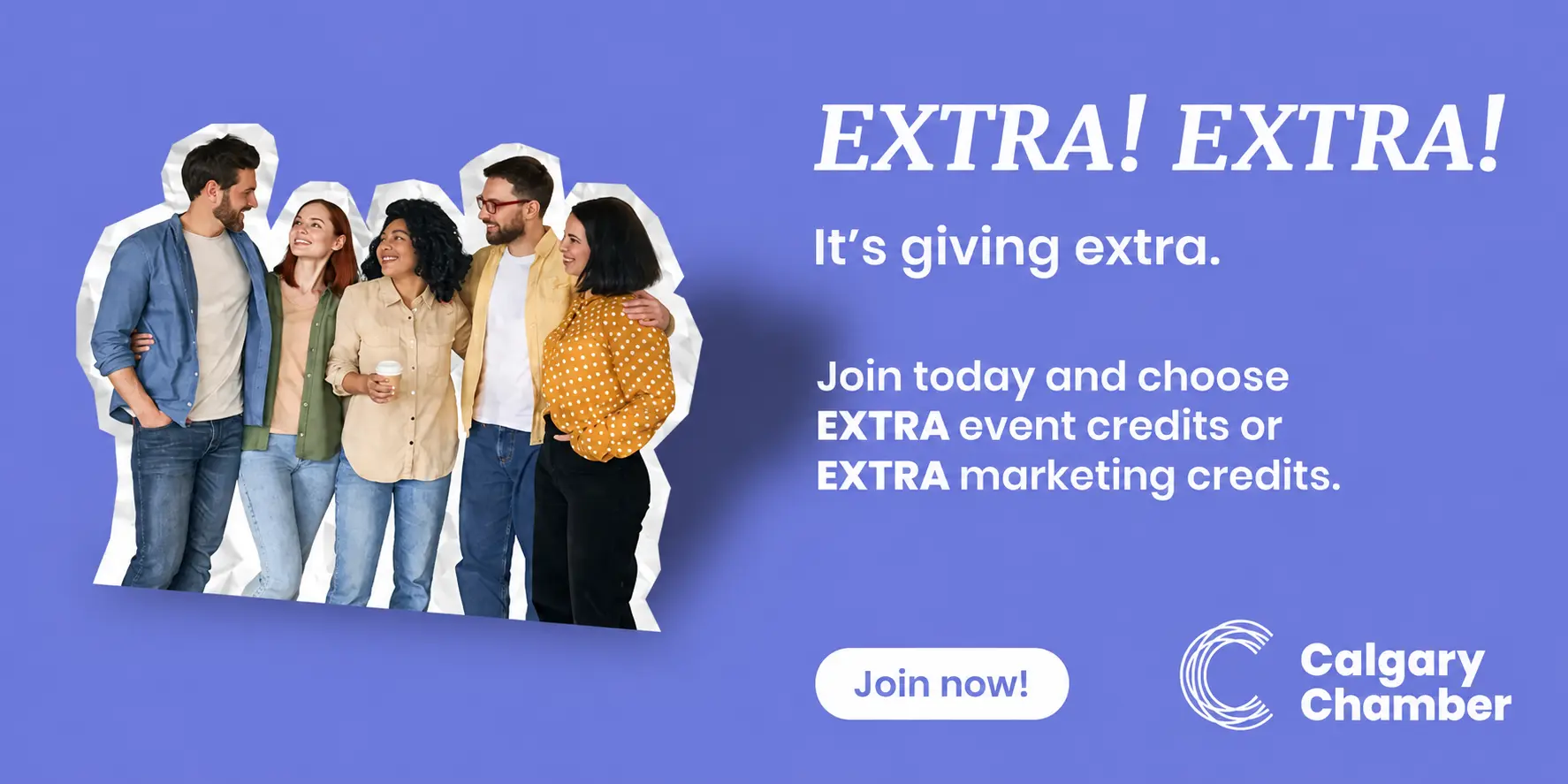 A stylized purple image with a image of a group of smiling people with written text beside it.
